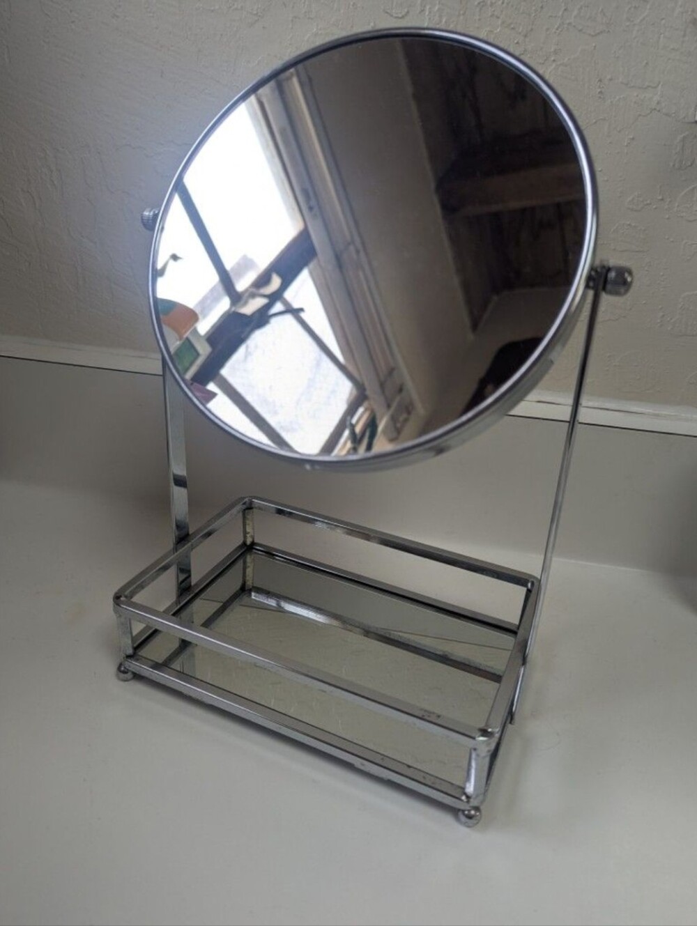 12" Tall 7" Chrome Vanity Mirror Tray Silver Makeup Mirror 1 Side Magnifying 360